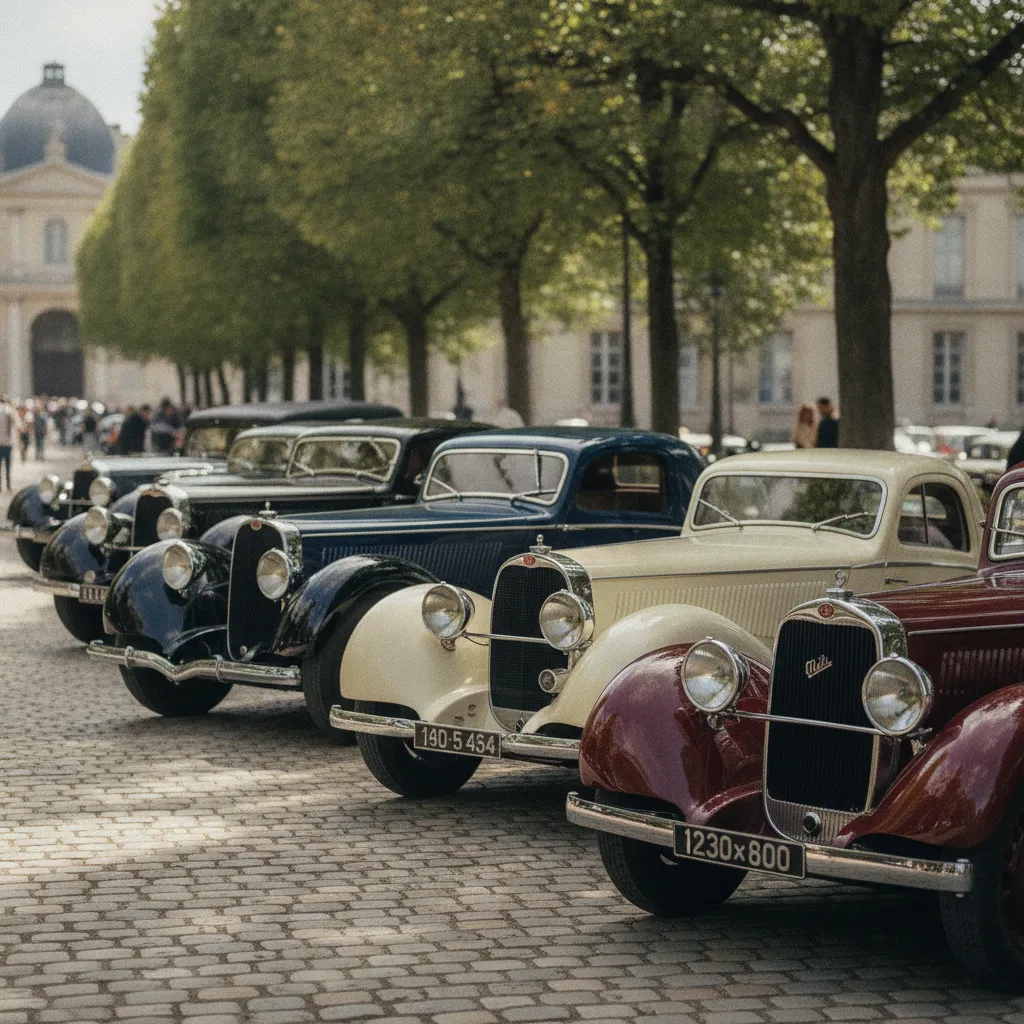 Rassemblement de voitures françaises des années 1930 lors d'un concours d'élégance