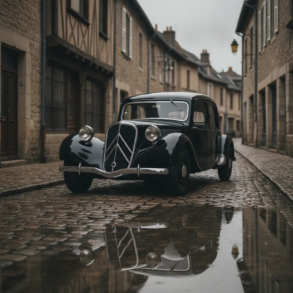 Citroën Traction Avant noire dans une rue pavée, symbole des années 1930 françaises