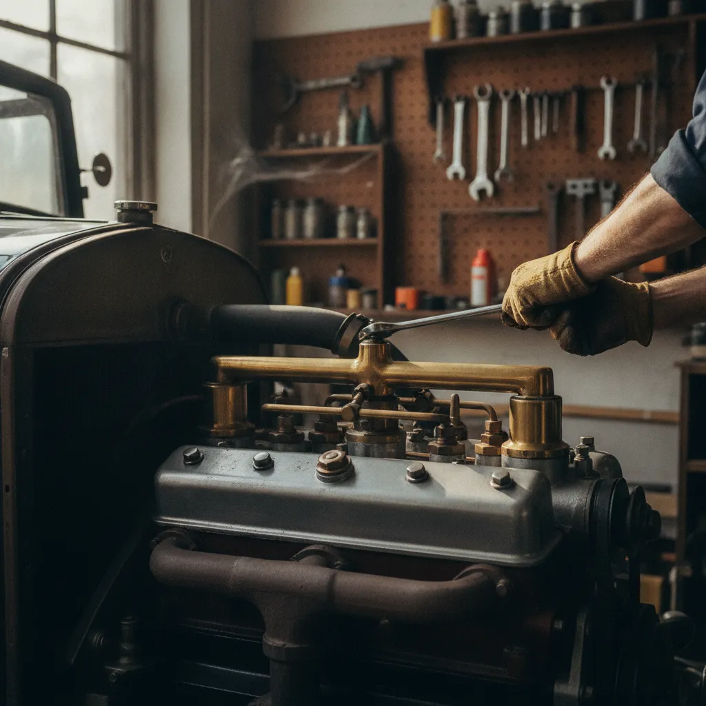 Restauration d'un moteur de voiture ancienne des années 1930 dans un atelier spécialisé