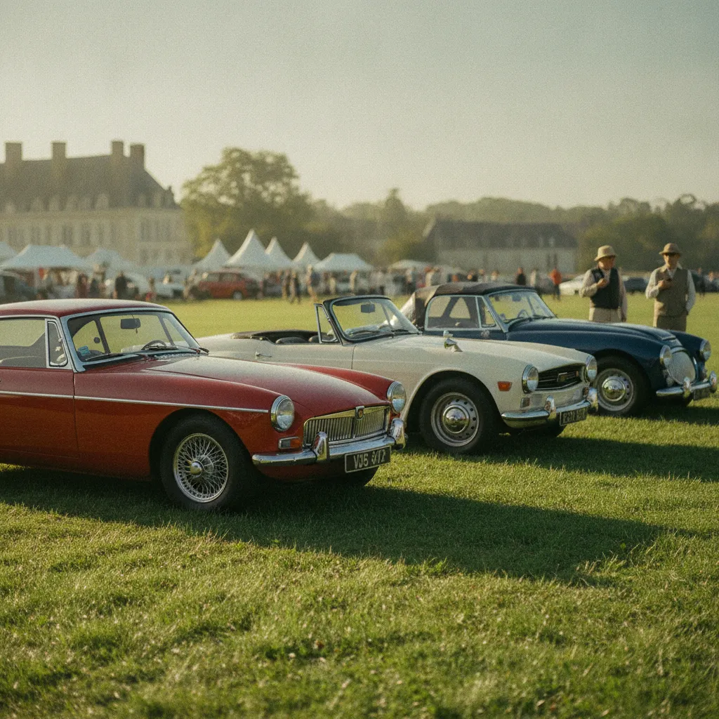 MG B, Triumph TR6 et Austin-Healey réunies lors d'un rassemblement de voitures anglaises de collection