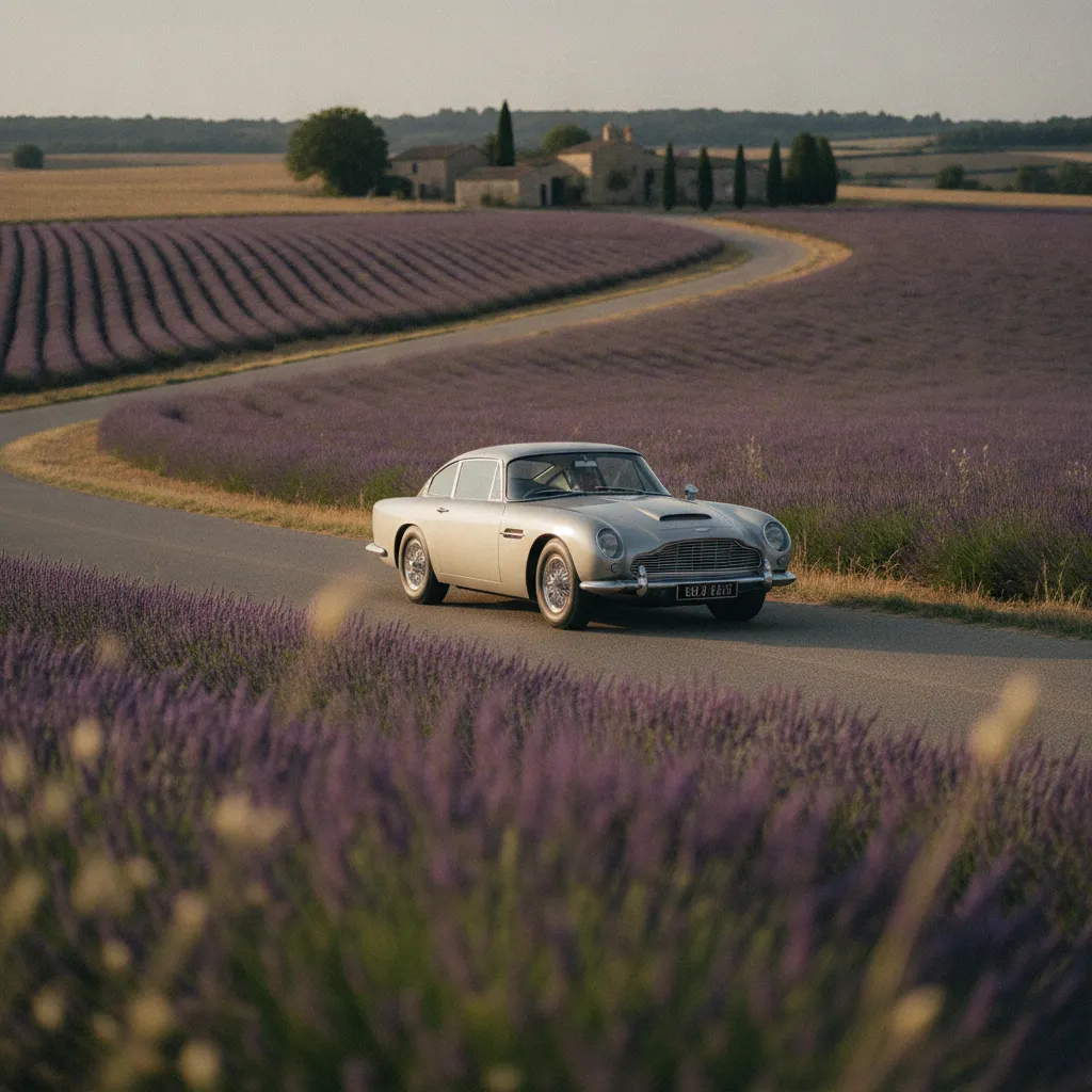 Aston Martin DB5 sur une route de campagne provençale, symbole du grand tourisme britannique