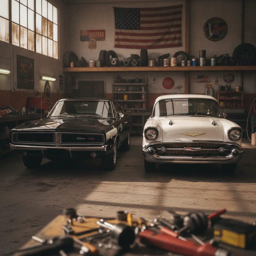 Dodge Charger R/T 1968 et Chevrolet Bel Air 1957 côte à côte dans un atelier de restauration