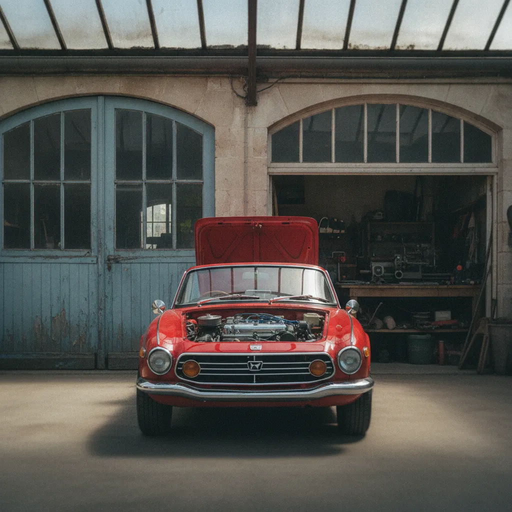 Honda S800 roadster devant un atelier de restauration, un modèle dont la cote ne cesse de progresser