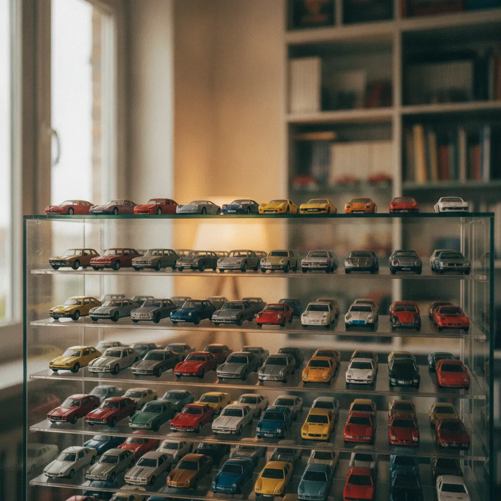 Vitrine de collectionneur présentant une collection organisée de Majorette vintage