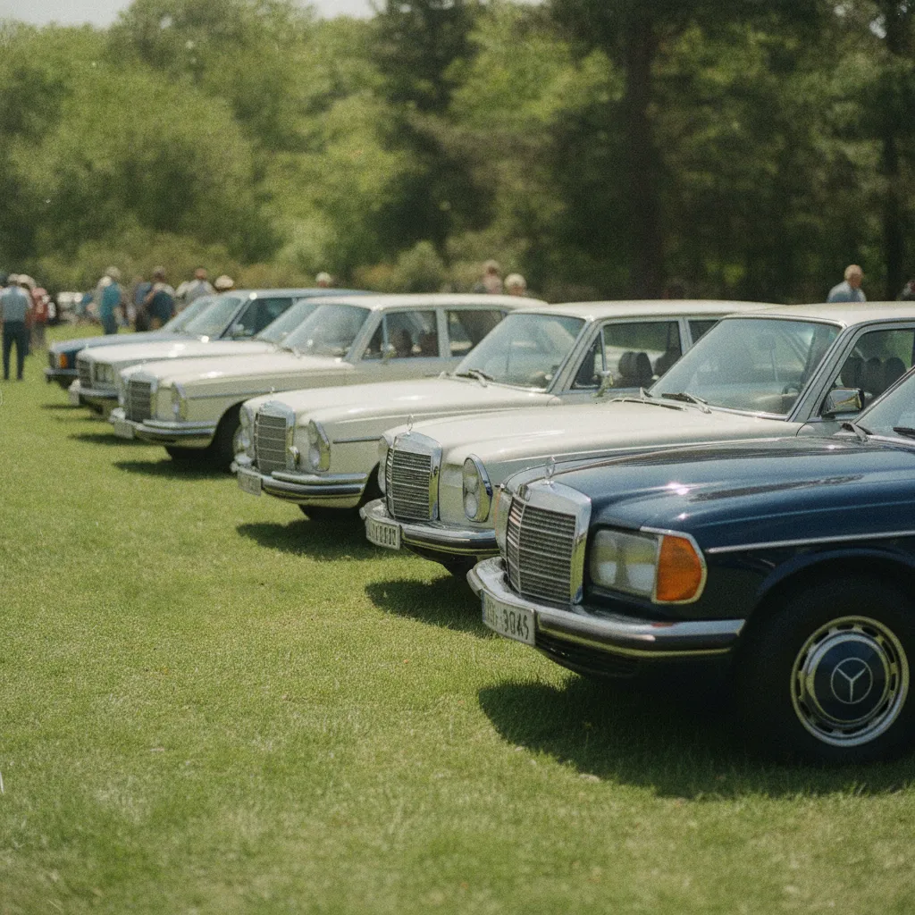 Différentes générations de berlines Mercedes exposées lors d'un rassemblement de voitures anciennes