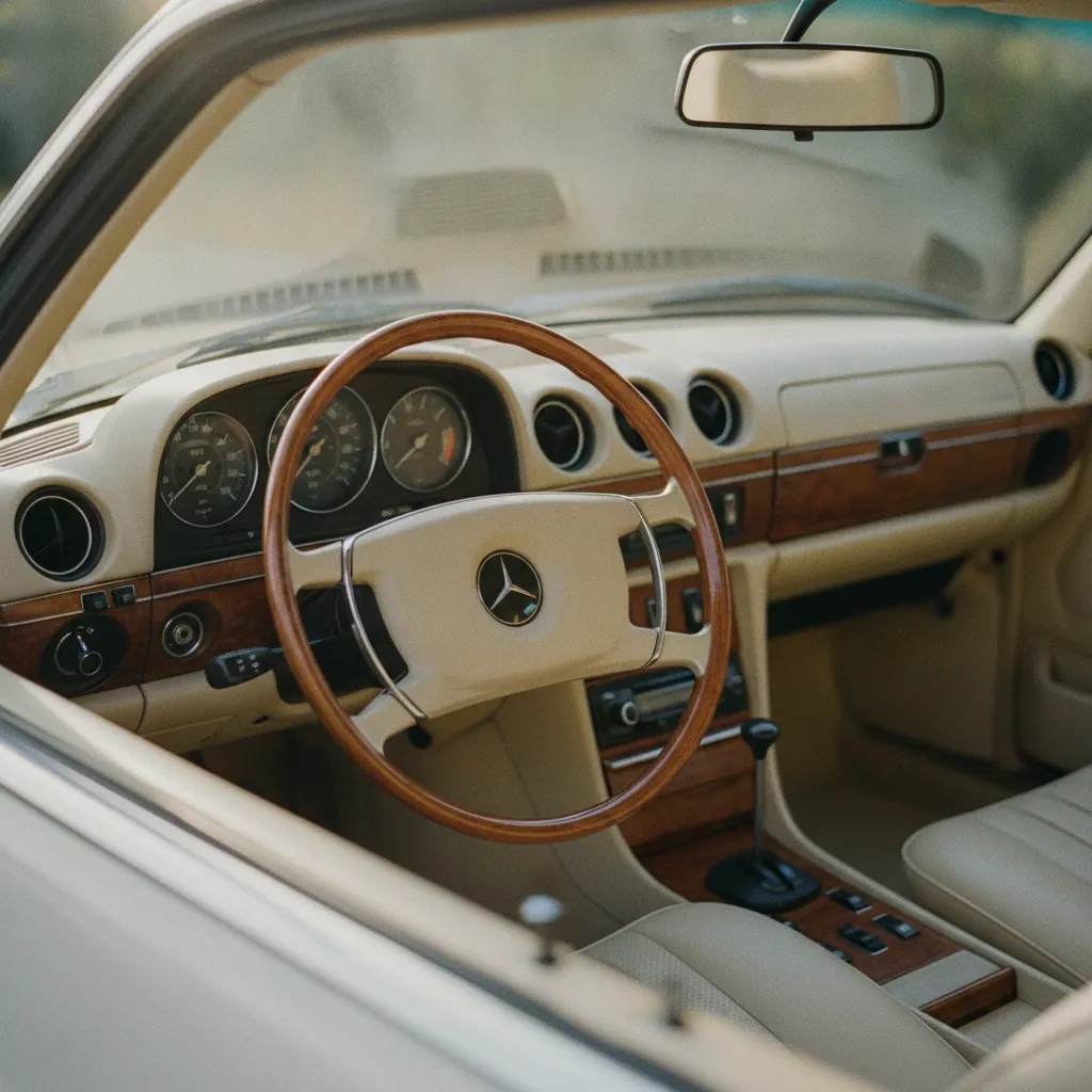 L'habitacle restauré d'un coupé W123, sobre et élégant jusque dans les moindres détails