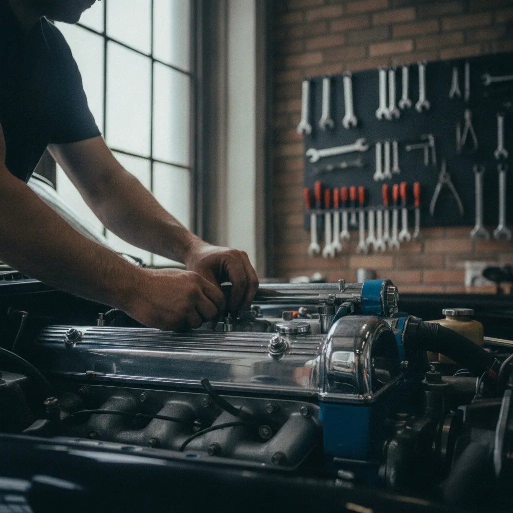 Intervention sur le six cylindres en ligne d'une Mercedes ancienne dans un atelier de restauration