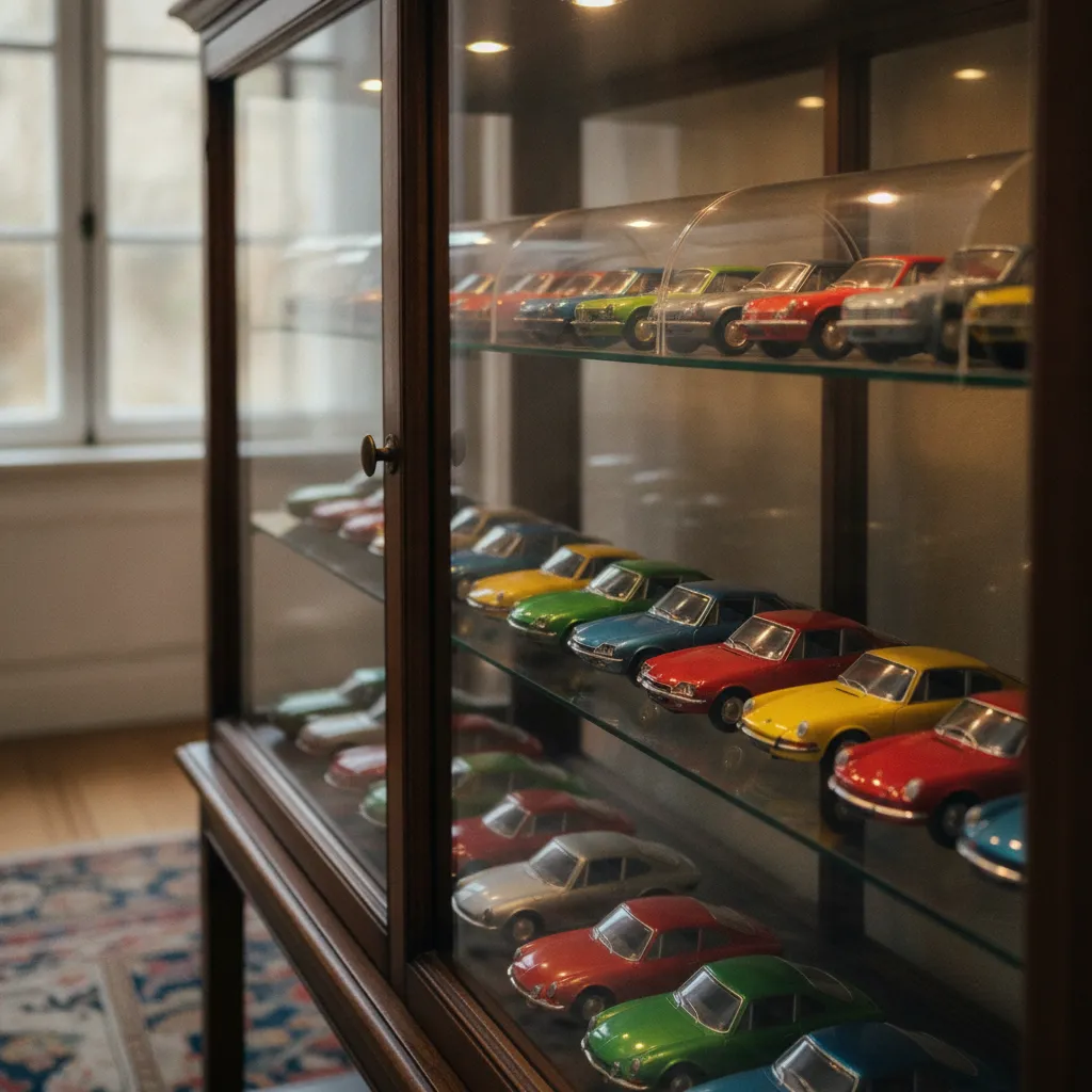 Vitrine de collection présentant des Norev Jet-Car des années 1970 en parfait état