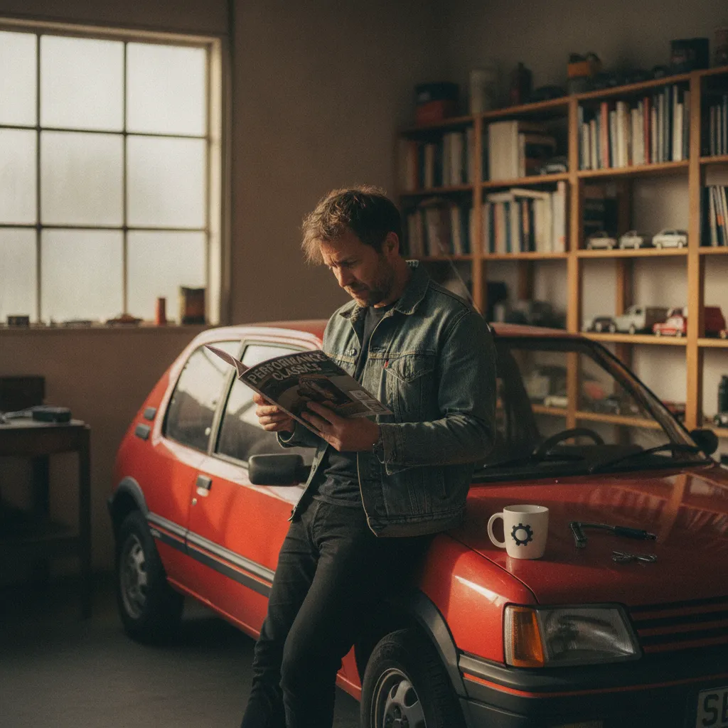 La lecture d'un youngtimer magazine dans son garage, un rituel pour tout passionné d'automobiles anciennes