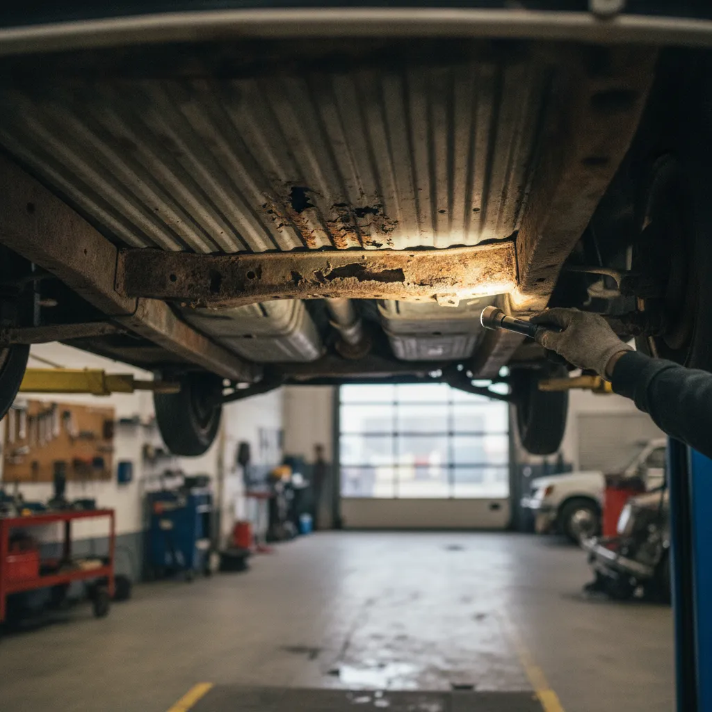 Inspection du plancher d'une 2CV : la corrosion perforante sur les longerons est le défaut le plus coûteux à réparer