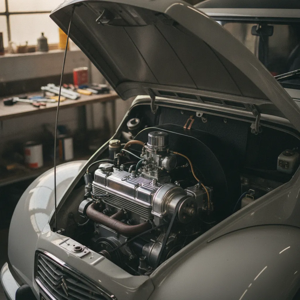 Le moteur bicylindre à plat refroidi par air de la 2CV, ici en bon état avec ses ailettes de refroidissement intactes