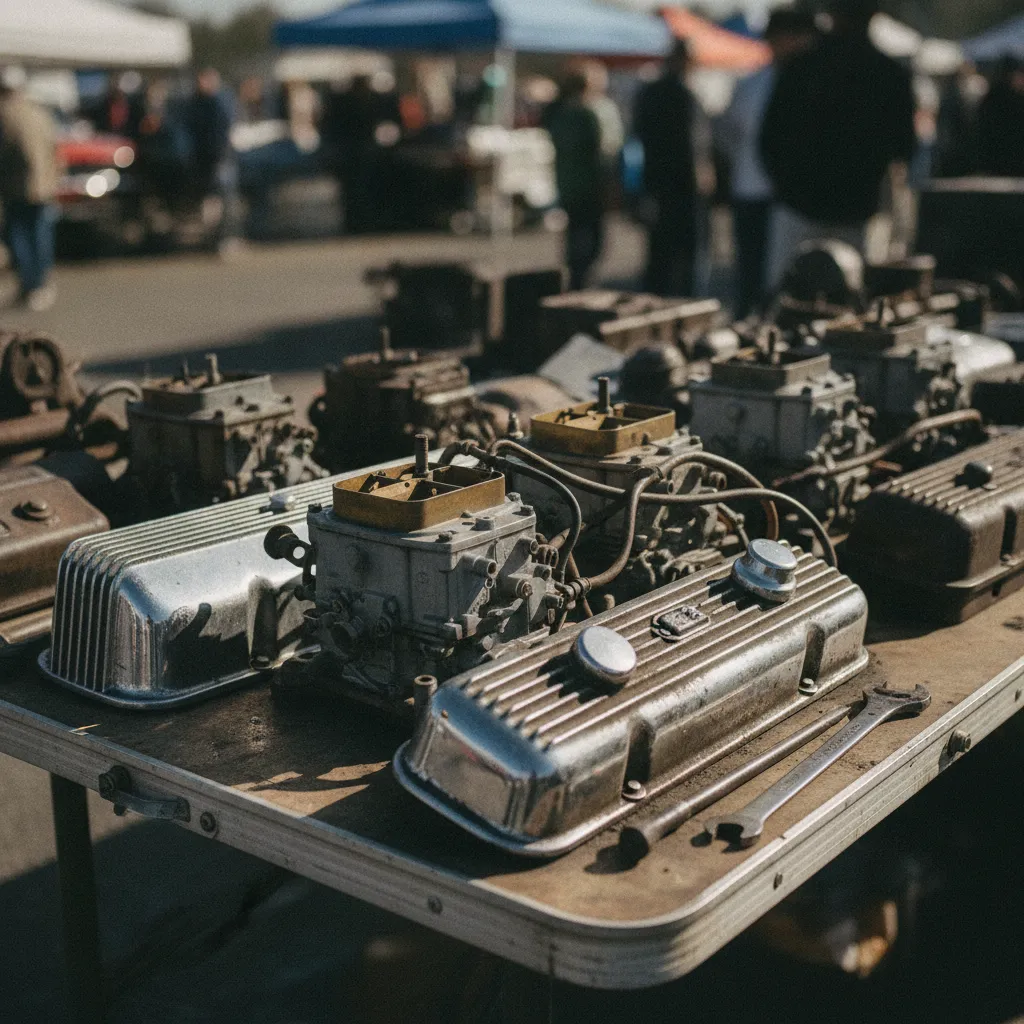 Pièces mécaniques d'époque exposées sur un étal de bourse d'échange automobile en Bretagne
