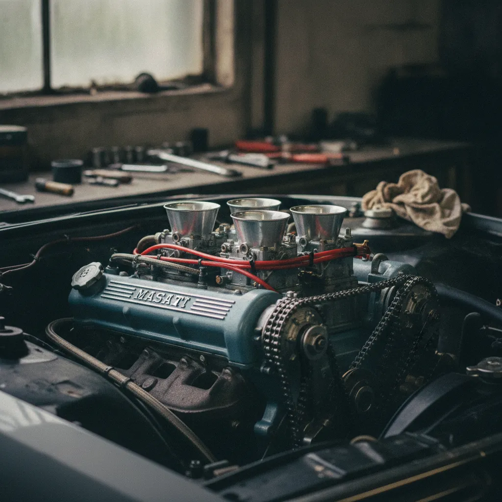 Le V6 Maserati C114 et ses trois carburateurs Weber dans le compartiment moteur de la SM