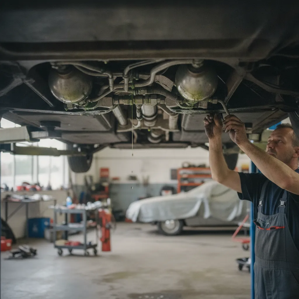 Contrôle du circuit hydraulique haute pression sous une Citroën SM sur le pont