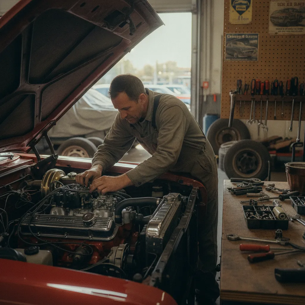 Mécanicien spécialiste intervenant sur le moteur d'une voiture ancienne en atelier