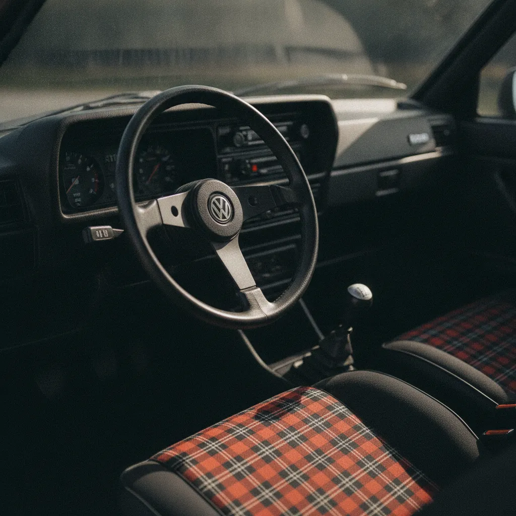 L'intérieur caractéristique avec ses sièges tartan et le pommeau balle de golf