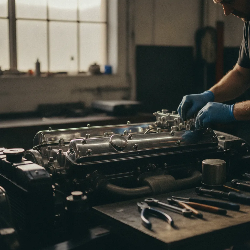 Le moteur XK six cylindres avec ses carburateurs SU, ici lors d'un réglage en atelier