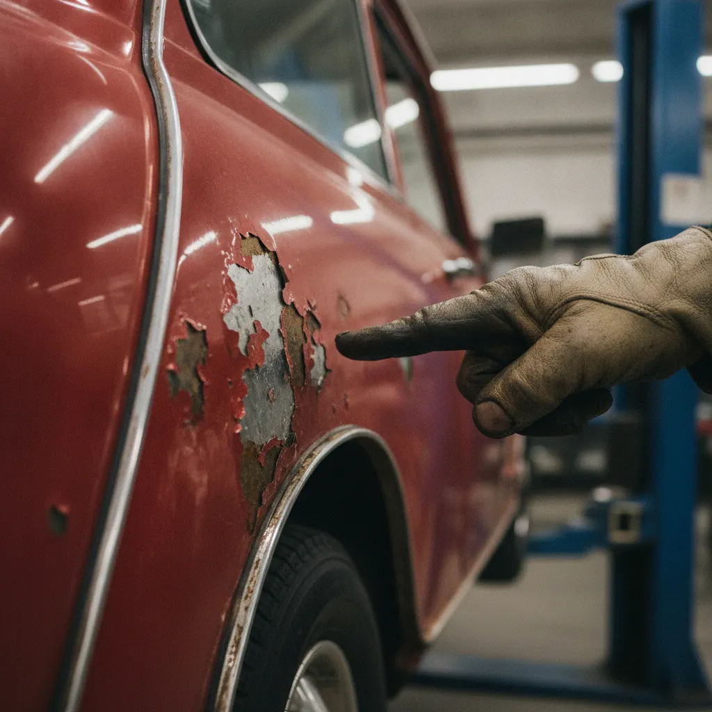 Boursouflures de peinture sur un bas de caisse de Mini : la rouille a percé de l'intérieur