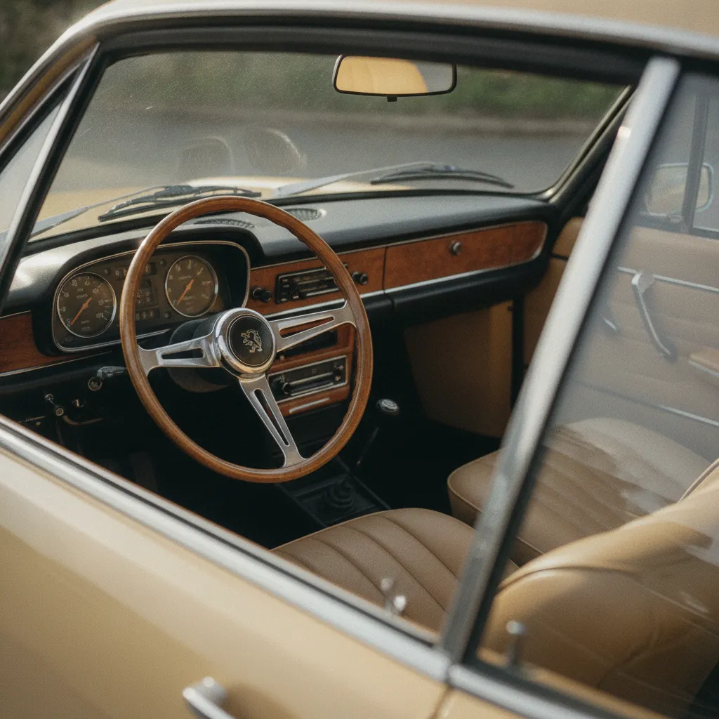 L'intérieur du coupé 504 Pininfarina avec son tableau de bord gainé et ses sièges en cuir d'origine