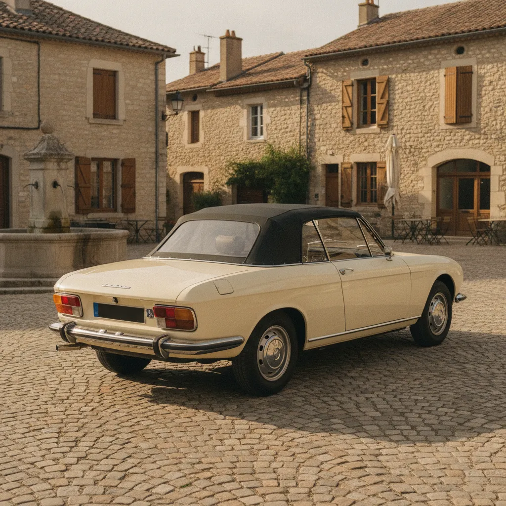Vue arrière du cabriolet 504 capote baissée, révélant la pureté de la ligne Pininfarina