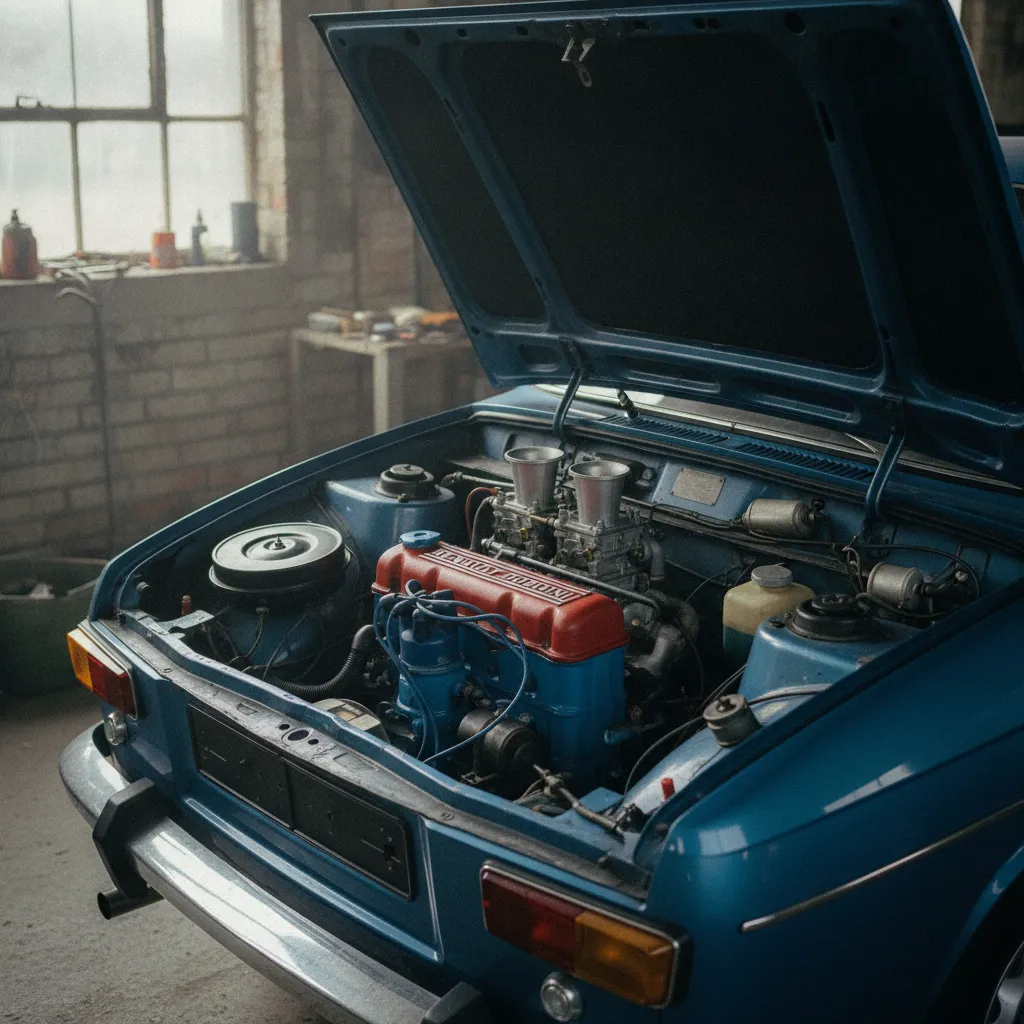 Le compartiment moteur arrière d'une R8 Gordini avec le bloc Cléon-Fonte préparé par Gordini