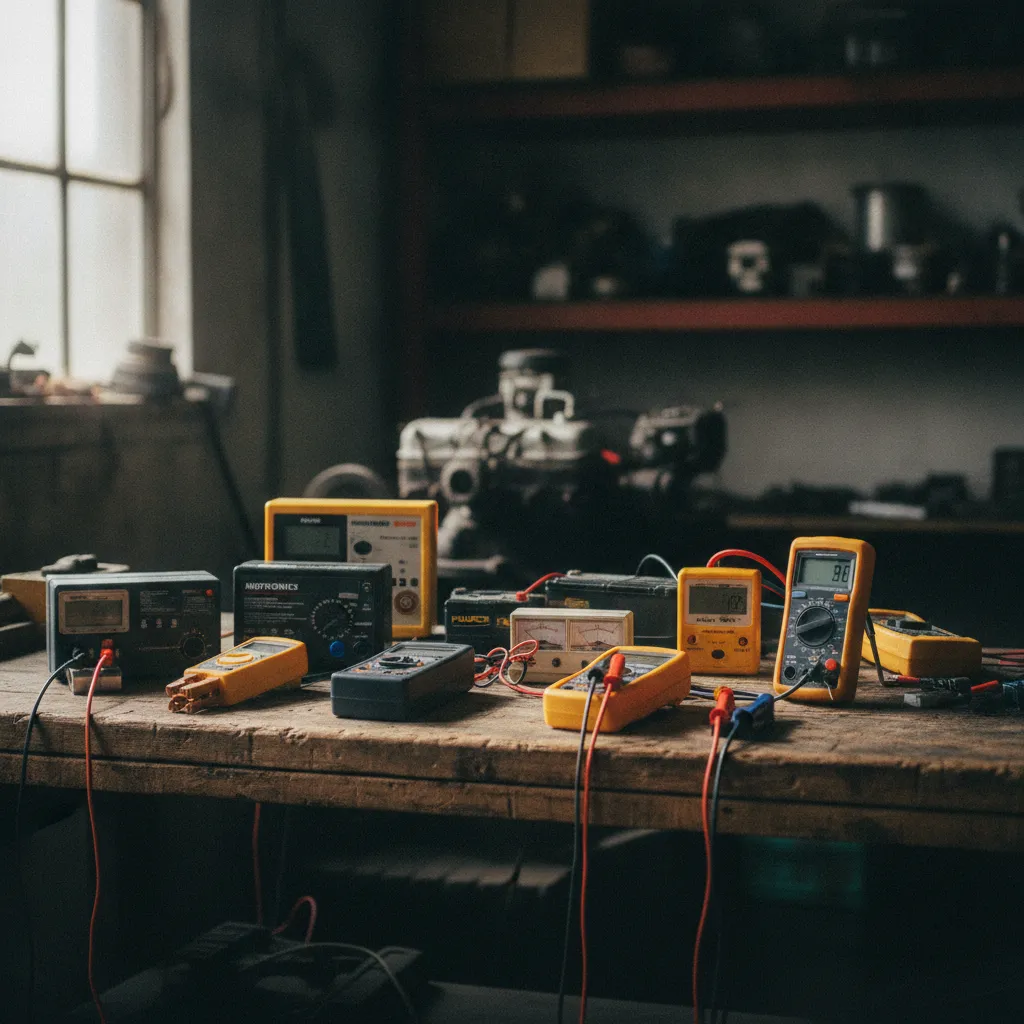 Différents modèles de testeurs de batterie sur l'établi de mon atelier lyonnais