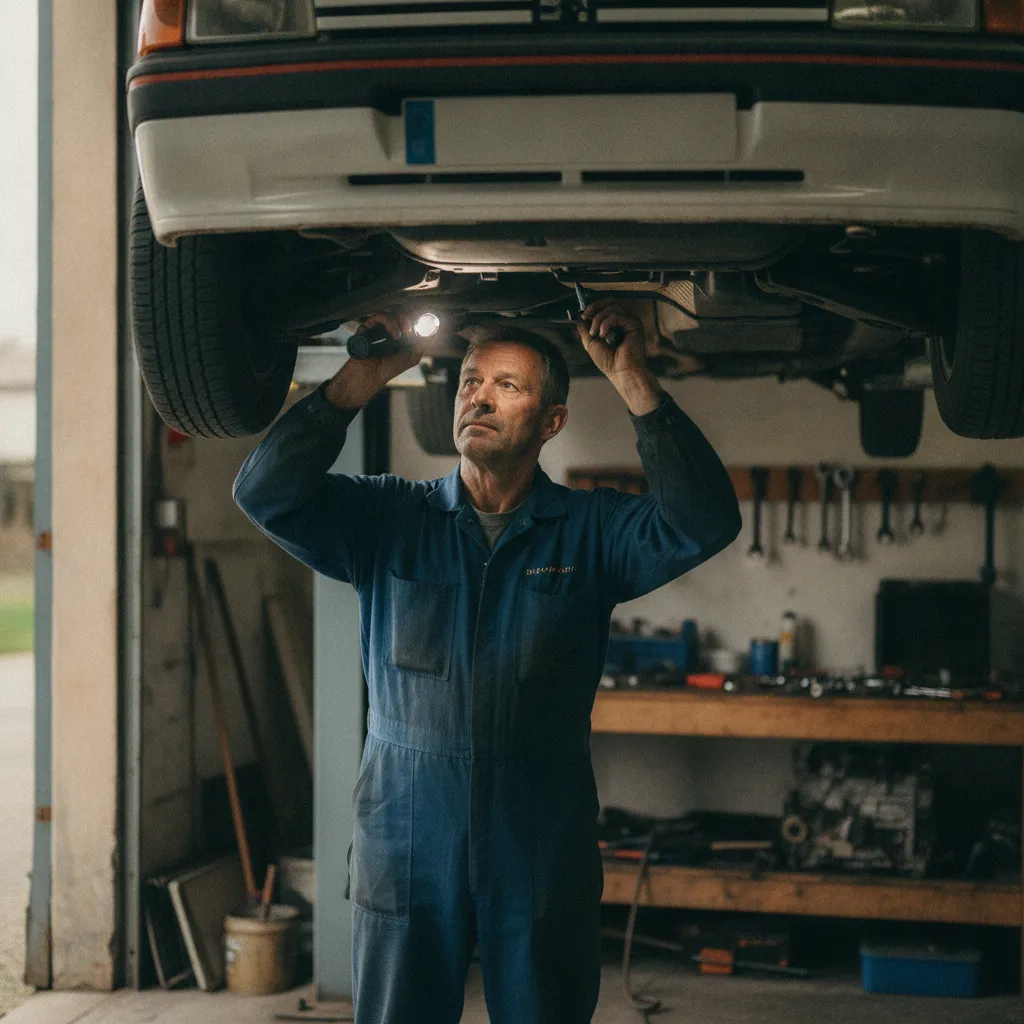 Inspection des soubassements d'une Peugeot 205 dans un atelier de restauration