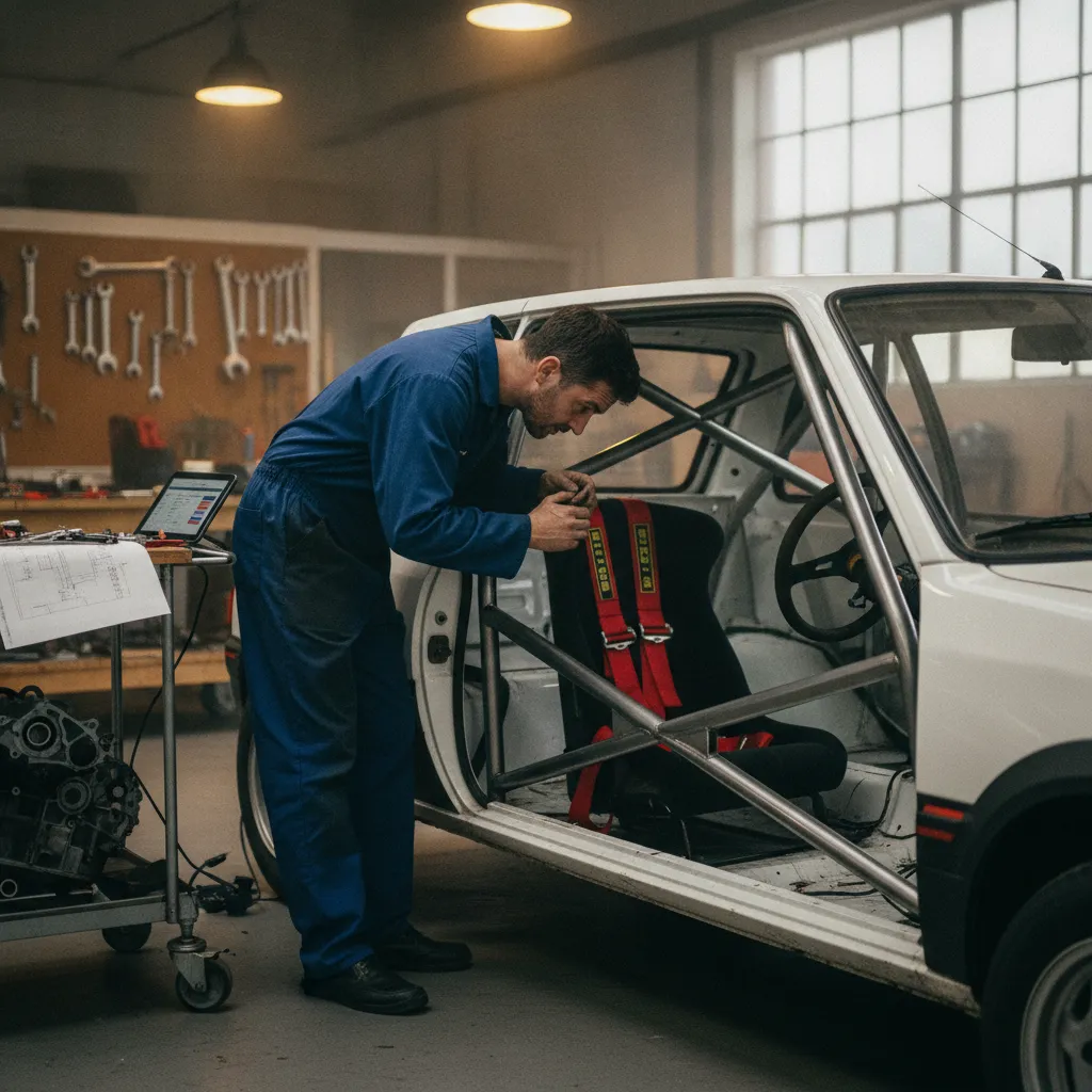 Inspection de l'arceau de sécurité et du harnais dans une Peugeot 205 GTI de rallye