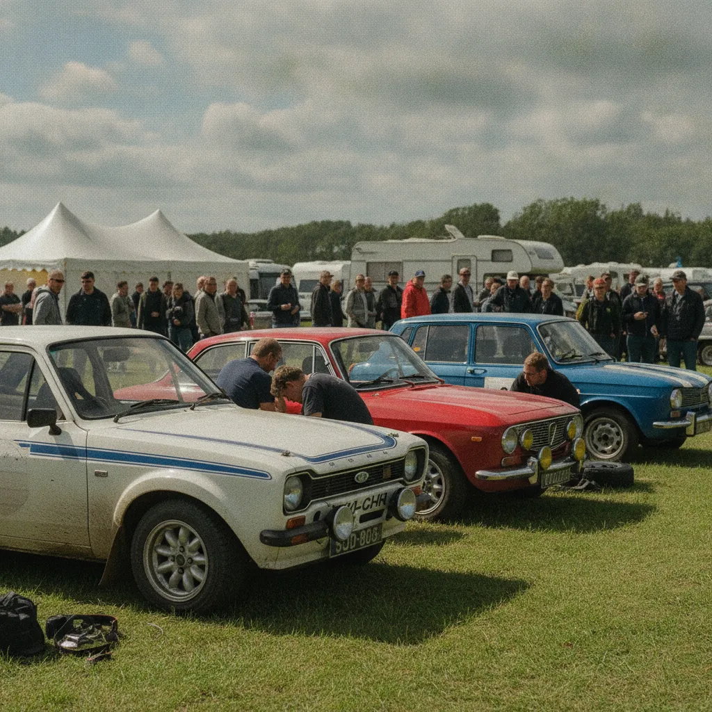 Paddock d'un rallye historique avec plusieurs voitures de compétition d'époque