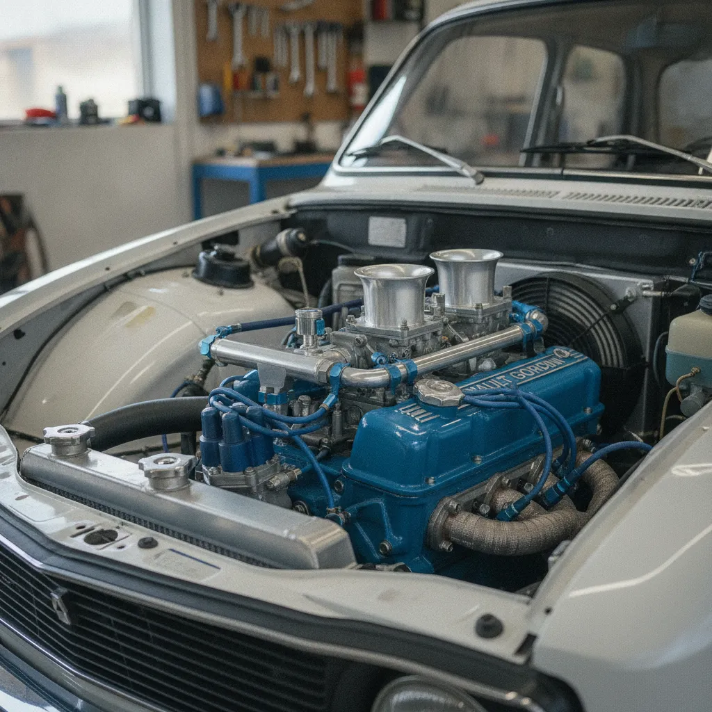 Compartiment moteur préparé d'une Renault 8 Gordini avec ses carburateurs Weber