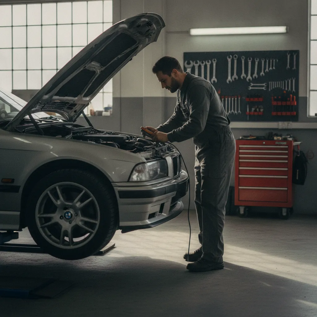 Inspection mécanique d'un youngtimer dans un atelier spécialisé en voitures anciennes
