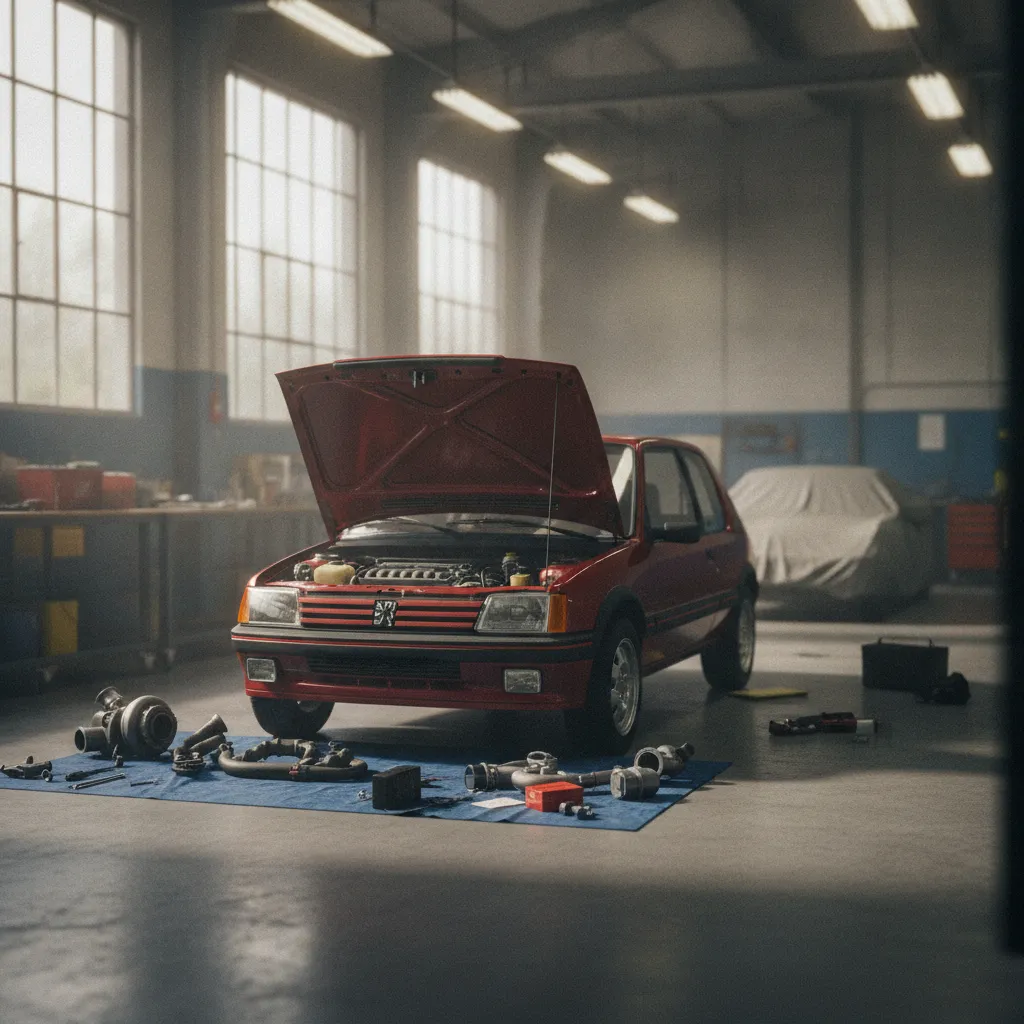 Une Peugeot 205 GTI en cours de restauration complète dans un atelier spécialisé