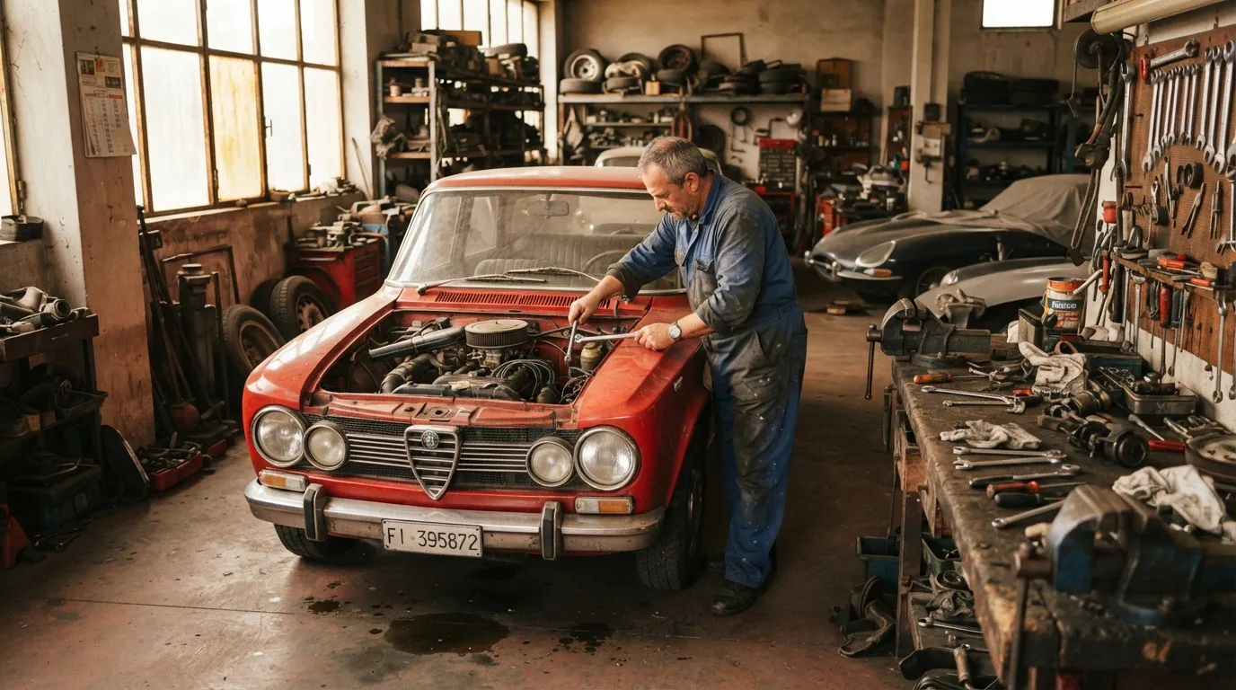 Un véhicule ancien dans un atelier de restauration, capot ouvert sur son moteur d'origine
